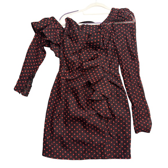 Polka Dot Ruffle One Shoulder Long Sleeve Party Formal Mini Dress S Fits XS-XXS - Picture 2 of 8